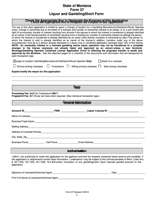 Form 37 - Liquor And Gambling - Short Form Printable pdf