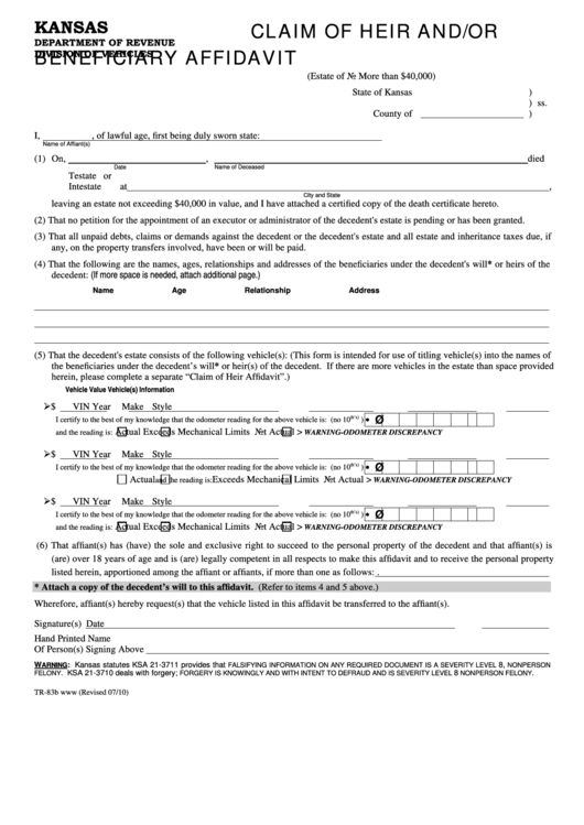 Fillable Form Tr-83b - Claim Of Heir And/or Beneficiary Affidavit Printable pdf