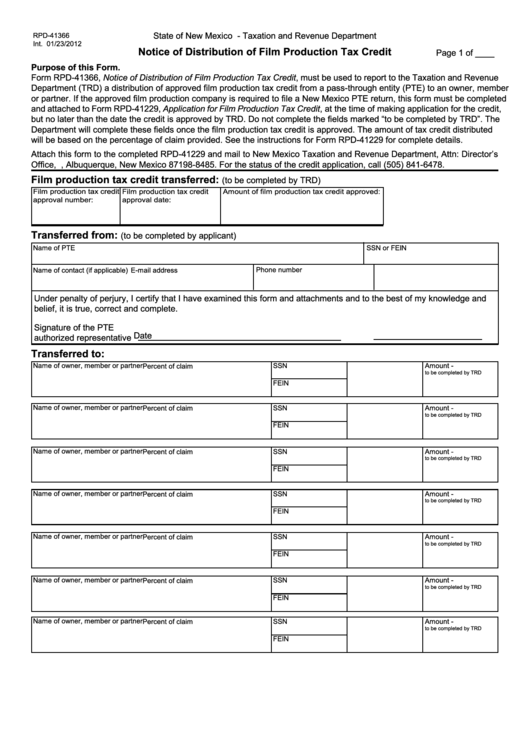 Form Rpd-41366 - Notice Of Distribution Of Film Production Tax Credit Printable pdf