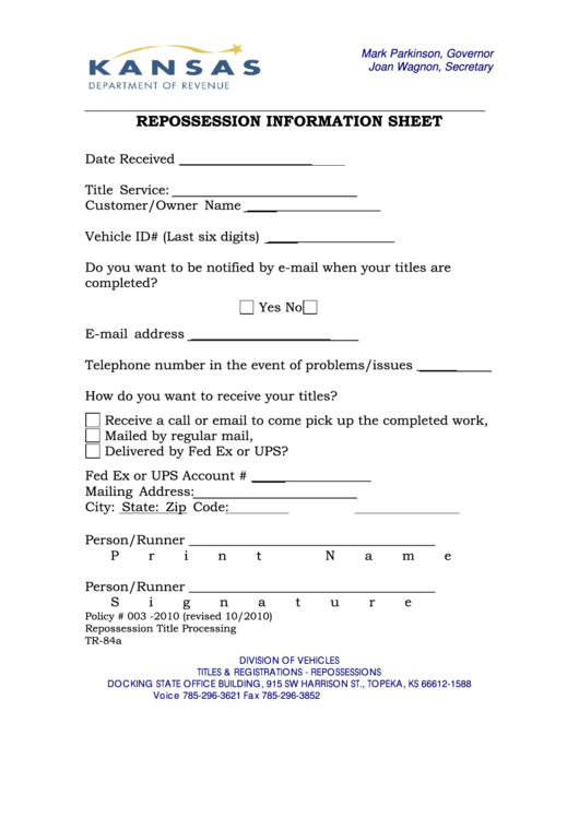 Form Tr-84a - Repossession Information Sheet Printable pdf