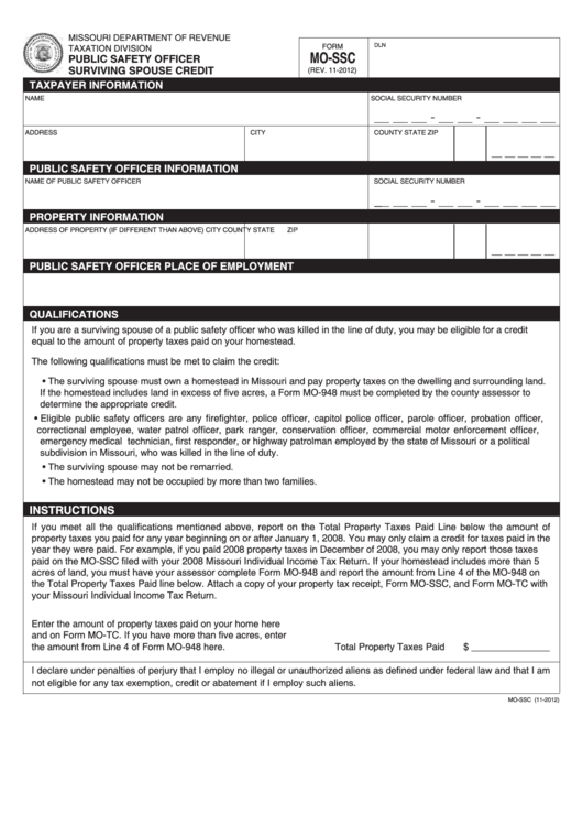 Fillable Form Mo-Ssc - Public Safety Officer Surviving Spouse Credit Printable pdf