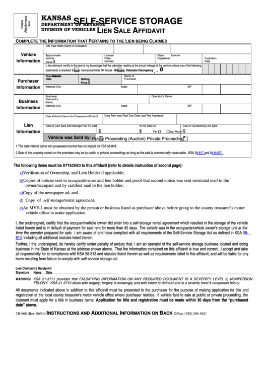 Fillable Form Tr-96s - Self-Service Storage - Lien Sale Affidavit Printable pdf