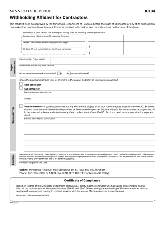 Fillable Form Ic134 - Withholding Affidavit For Contractors Printable pdf