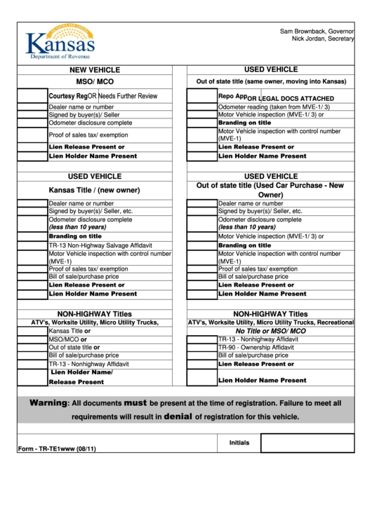 Fillable Form Tr-Te1 - New Or Used Vehicle Registration Check List Printable pdf