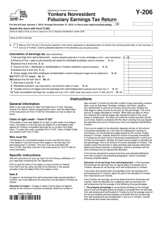 Fillable Form Y-206 - Yonkers Nonresident Fiduciary Earnings Tax Return - 2015 Printable pdf