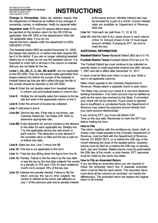 Fillable Form Dr 0200 Web - Colorado Baseball/football District Sales Tax Return-Supplement - 2012 Printable pdf