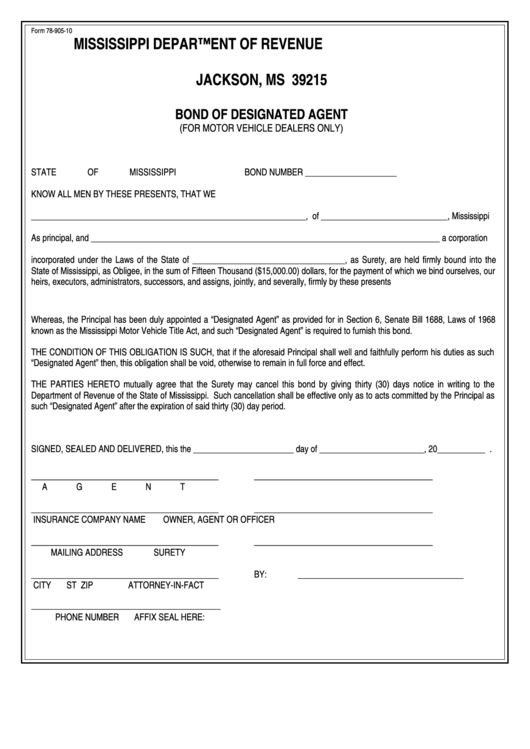 Fillable Form 78-905-10 - Bond Of Designated Agent (For Motor Vehicle Dealers Only) Printable pdf