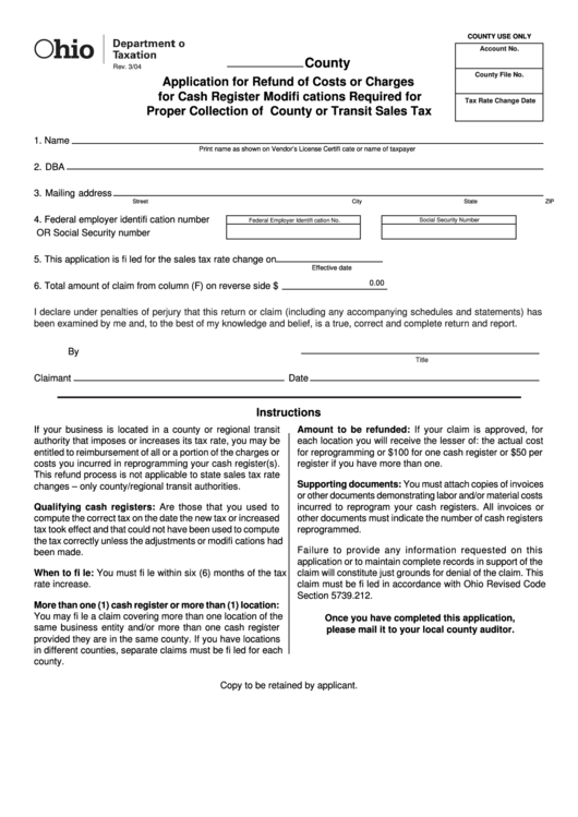 Fillable Form Cr-1 Generic - Application For Refund Of Costs Or Charges For Cash Register Modifi Cations Required For Proper Collection Of County Or Transit Sales Tax Printable pdf