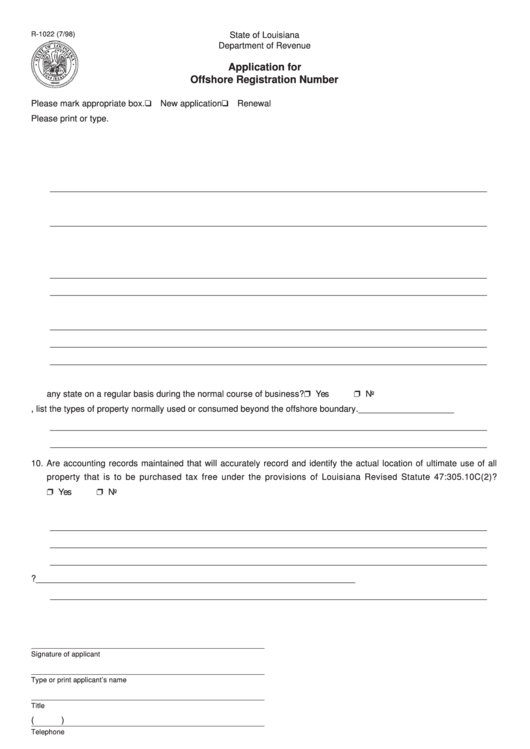 Fillable Form R-1022 - Application For Offshore Registration Number Printable pdf