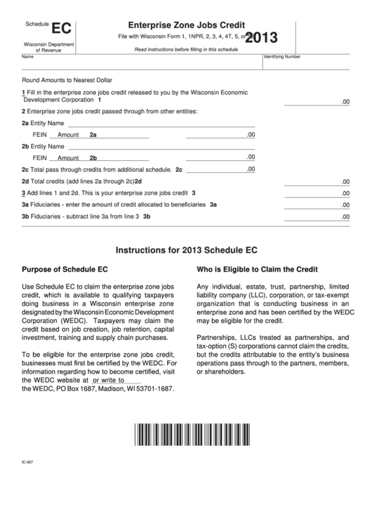 Fillable Schedule Ec - Enterprise Zone Jobs Credit - 2013 Printable pdf