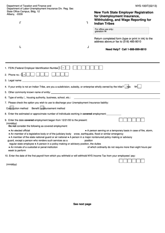 Form Nys-100it - New York State Employer Registration For Unemployment Insurance, Withholding, And Wage Reporting For Indian Tribes Printable pdf