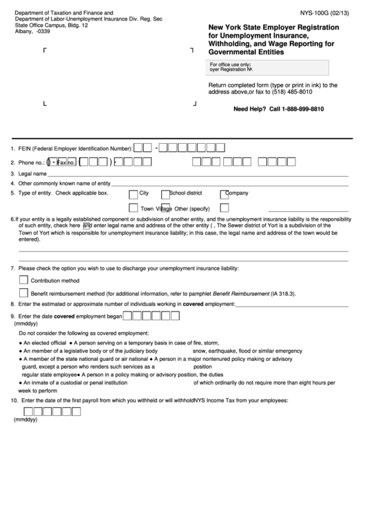 Form Nys-100g - New York State Employer Registration For Unemployment Insurance, Withholding, And Wage Reporting For Governmental Entities Printable pdf