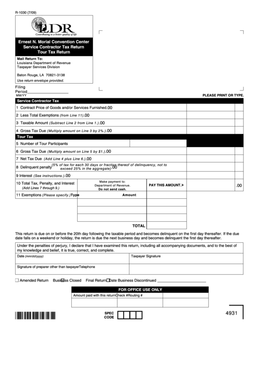 Fillable Form R-1030 - Ernest N. Morial Convention Center Service Contractor Tax Return Tour Tax Return Printable pdf