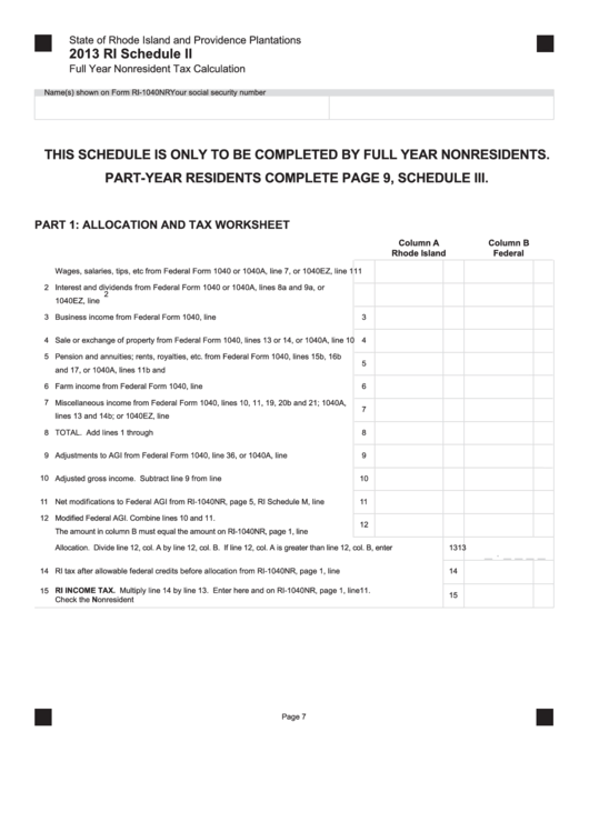 Fillable Ri Schedule Ii - Full Year Nonresident Tax Calculation - 2013 Printable pdf