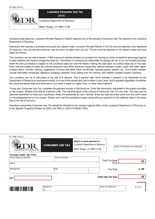 Fillable Form R-1035 - Louisiana Consumer Use Tax Printable pdf