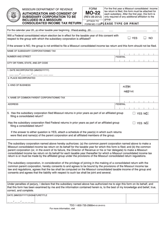 Fillable Form Mo-22 - Authorization And Consent Of Subsidary Corporation To Be Included In A Missouri Consolidated Income Tax Return Printable pdf