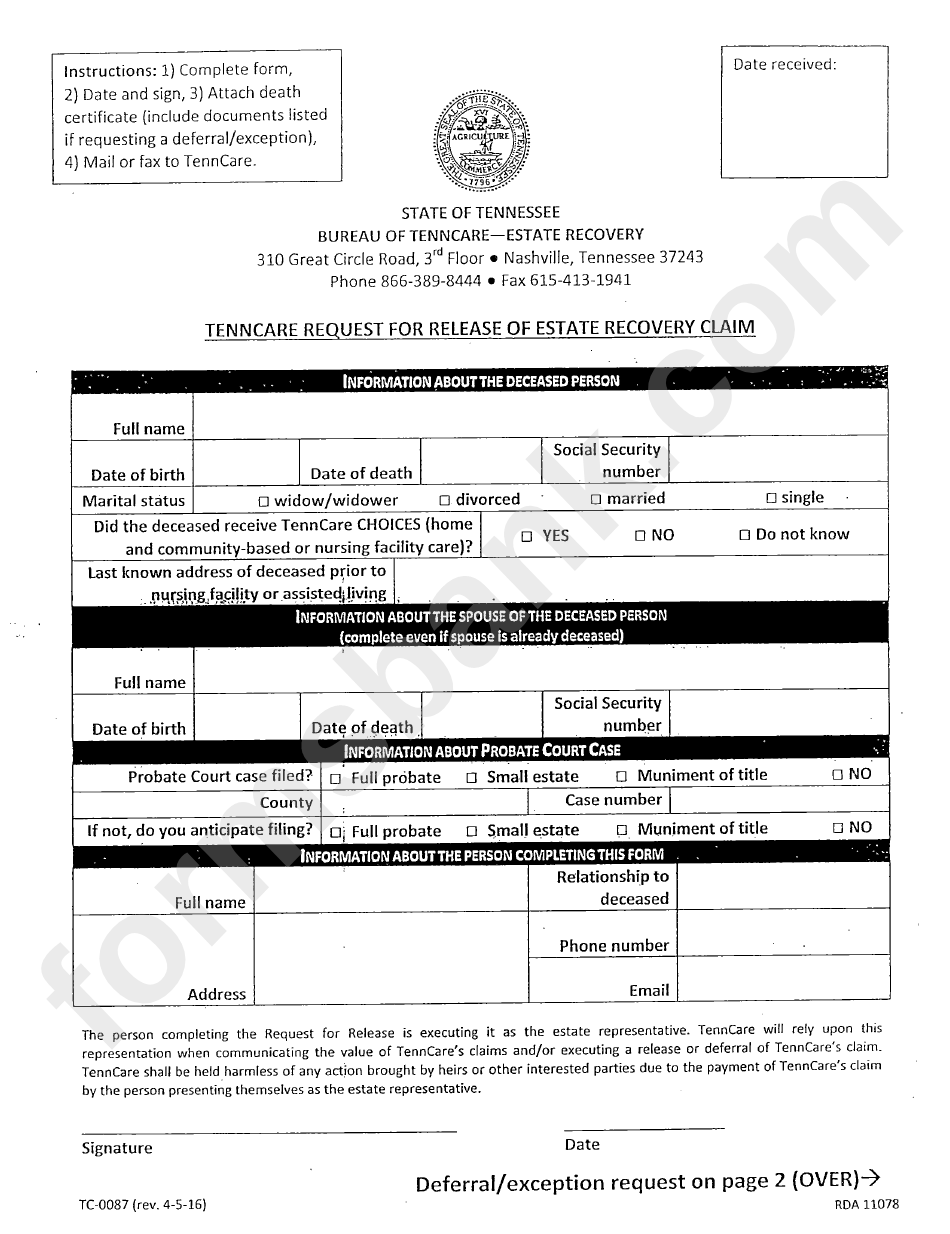 Form Tc-0087 - Tenncare Request For Release Of Estate Recovery Claim