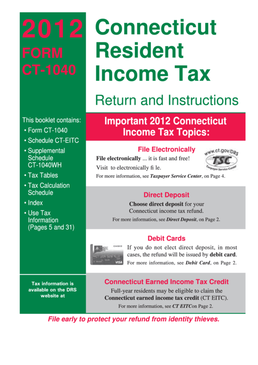 Instructions For Form Ct-1040 - Connecticut Resident Income Tax - 2012 Printable pdf