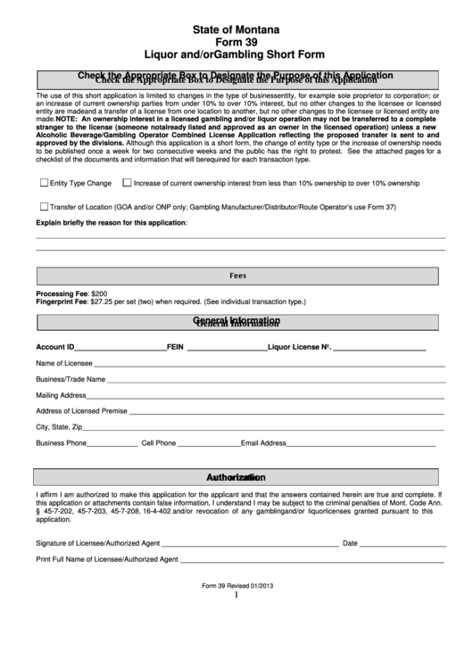 Form 39 - Liquor And/or Gambling - Short Form Printable pdf