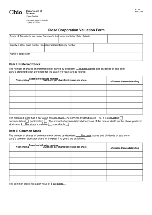 Fillable Form Et 18 - Close Corporation Valuation Form Printable pdf