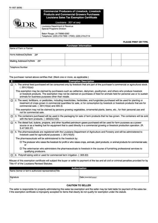 Fillable Form R-1007 - Commercial Producers Of Livestock, Livestock Products And Commercial Growers Purchases Louisiana Sales Tax Exemption Certificate Printable pdf