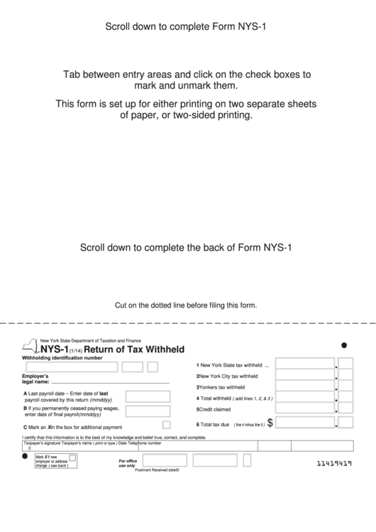 Fillable Form Nys-1 - Return Of Tax Withheld Printable pdf