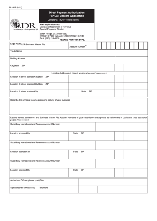 Fillable Form R-1012 - Direct Payment Authorization For Call Centers Application Printable pdf