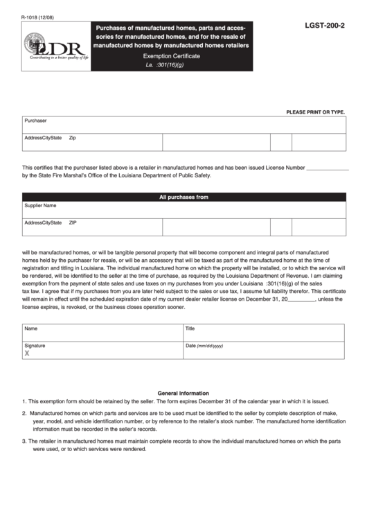 Fillable Form R-1018 - Exemption Certificate Printable pdf