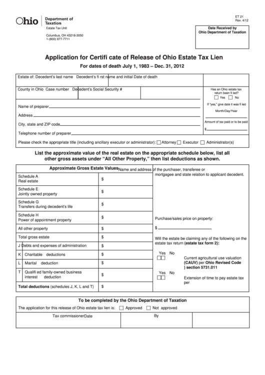 Fillable Form Et 21 - Application For Certificate Of Release Of Ohio Estate Tax Lien Printable pdf