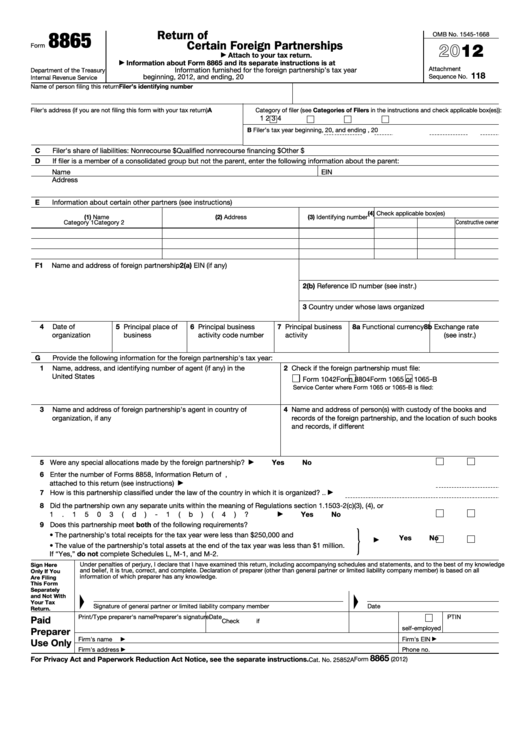 Fillable Form 8865 - Return Of U.s. Persons With Respect To Certain Foreign Partnerships - 2012 Printable pdf
