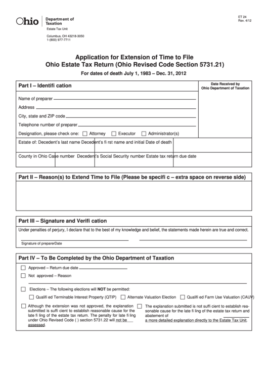 Fillable Form Et 24 Application For Extension Of Time To File Ohio