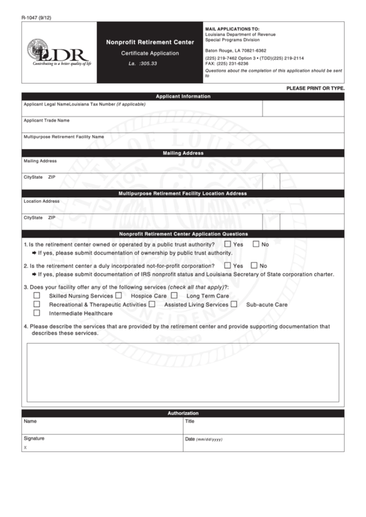 Fillable Form R-1047 - Nonprofit Retirement Center Certificate Application Printable pdf
