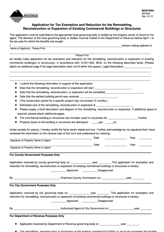 Fillable Montana Form Ab-56a - Application For Tax Exemption And Reduction For The Remodeling, Reconstruction Or Expansion Of Existing Commercial Buildings Or Structures Printable pdf