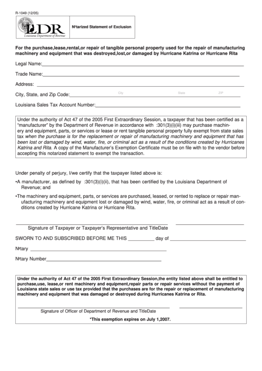 Fillable Form R-1049 - Notarized Statement Of Exclusion Printable pdf