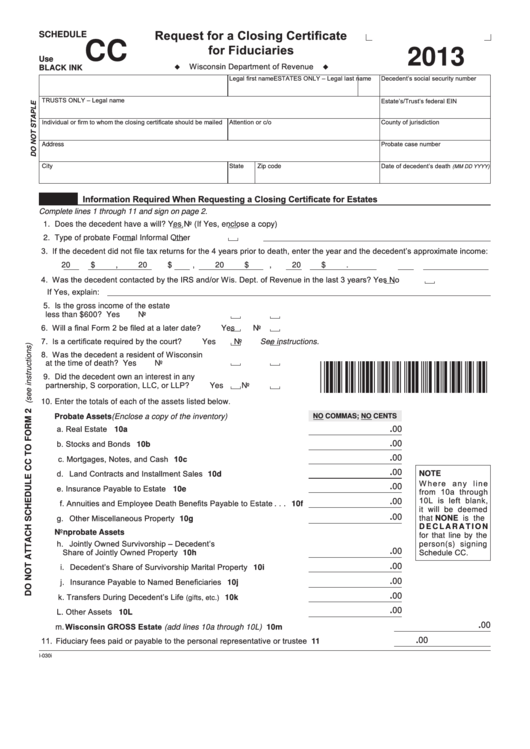 Fillable Schedule Cc - Request For A Closing Certificate For Fiduciaries - 2013 Printable pdf