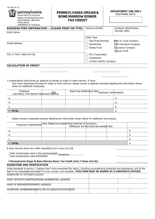 Form Rev-984 - Pennsylvania Organ And Bone Marrow Donor Tax Credit Printable pdf