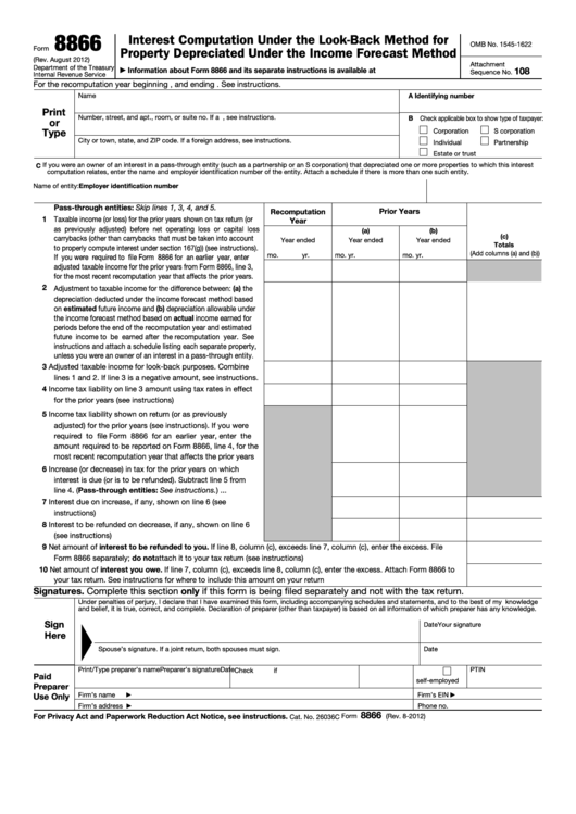 Form 8866 - Interest Computation Under The Look-back Method For Property Depreciated Under The Income Forecast Method