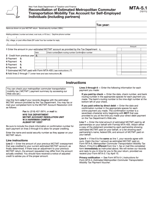 Fillable Form Mta-5.1 - Reconciliation Of Estimated Metropolitan Commuter Transportation Mobility Tax Account For Self-Employed Individuals (Including Partners) Printable pdf