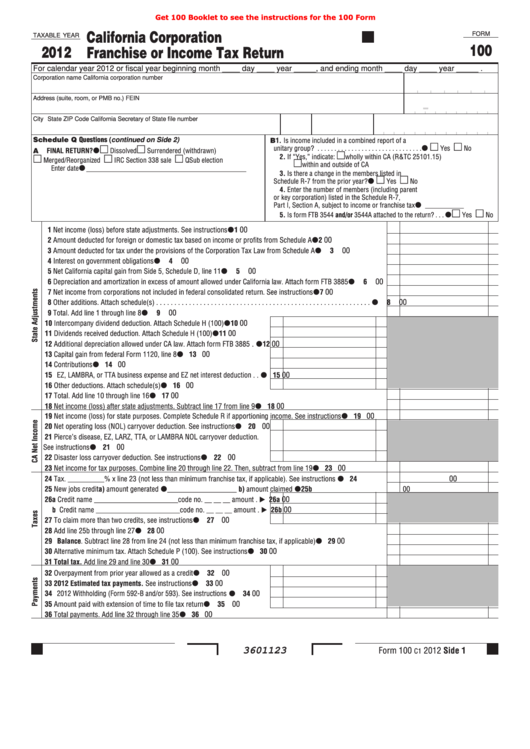 Fillable Form 100 - California Corporation Franchise Or Income Tax 