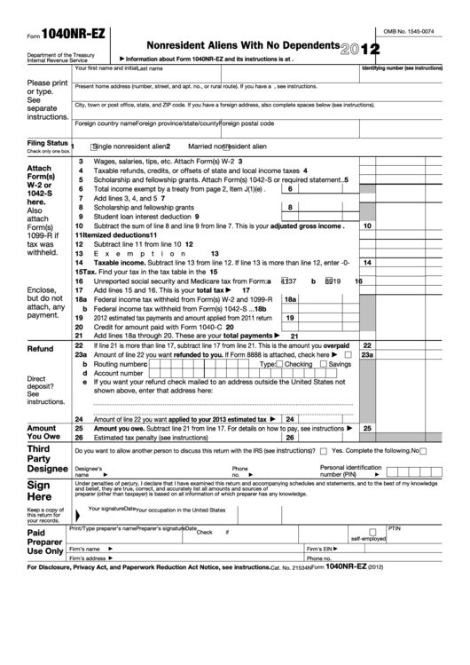 Fillable Form 1040nr-Ez - U.s. Income Tax Return For Certain Nonresident Aliens With No Dependents - 2012 Printable pdf