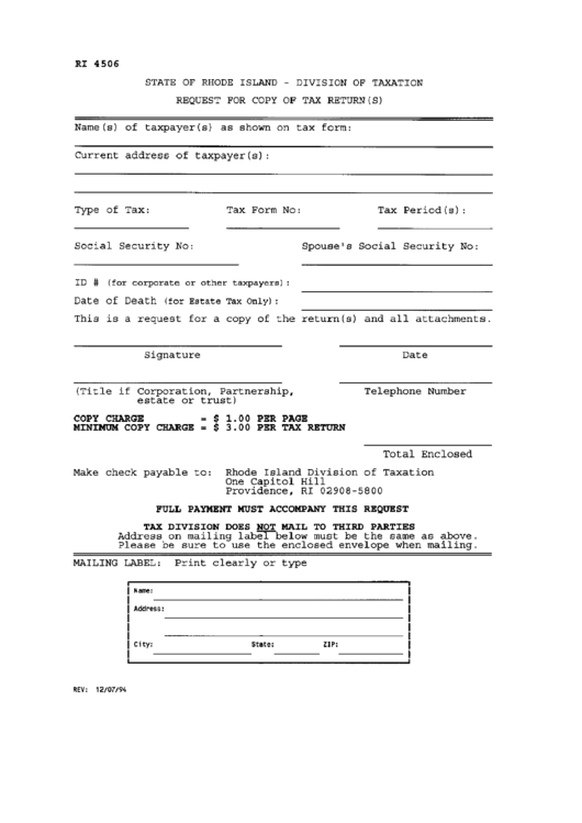 Form Ri 4506 - Request For Copy Of Tax Return(S) Printable pdf