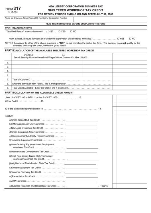 Fillable Form 317 - Sheltered Workshop Tax Credit Printable pdf