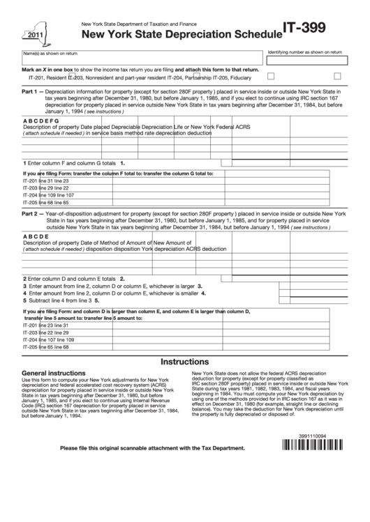 Fillable Form It-399 - New York State Depreciation Schedule - 2011 Printable pdf