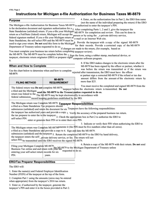 Instructions For Michigan E-File Authorization For Business Taxes Mi-8879 Printable pdf