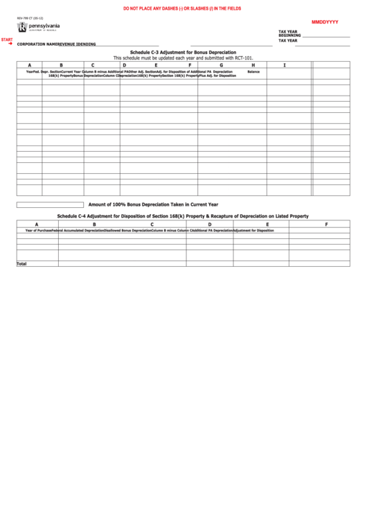 Fillable Form Rev-799 Ct - Schedule C-3 - Adjustment For Bonus Depreciation/schedule C-4 - Adjustment For Disposition Of Section 168(K) Property & Recapture Of Depreciation On Listed Property Printable pdf
