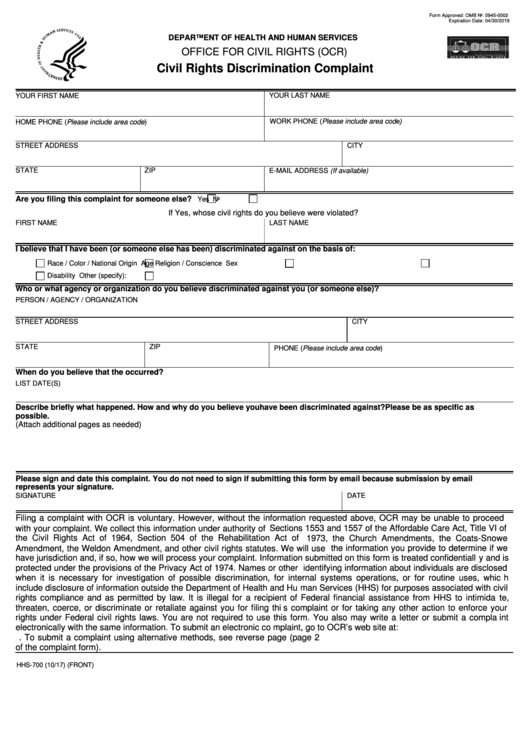 Fillable Form Hhs-700 - Civil Rights Discrimination Complaint Printable pdf