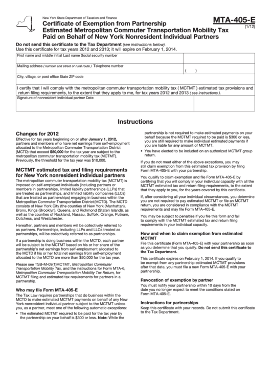 Fillable Form Mta-405-E - Certificate Of Exemption From Partnership Estimated Metropolitan Commuter Transportation Mobility Tax Paid On Behalf Of New York Nonresident Individual Partners Printable pdf