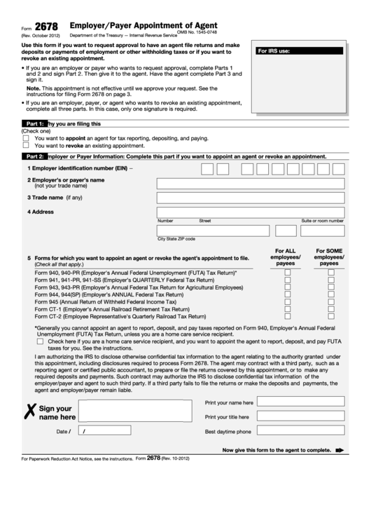 Fillable Form 2678 - Employer/payer Appointment Of Agent Printable pdf