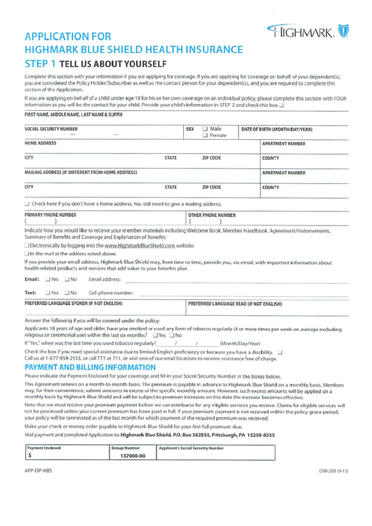 Form Enr-200 - Application For Highmark Blue Shield Health Insurance Printable pdf