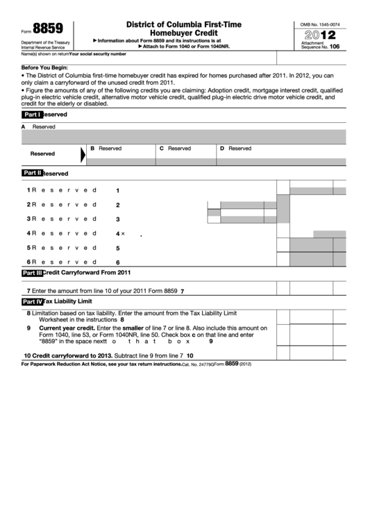 Fillable Form 8859 - District Of Columbia First-Time Homebuyer Credit - 2012 Printable pdf